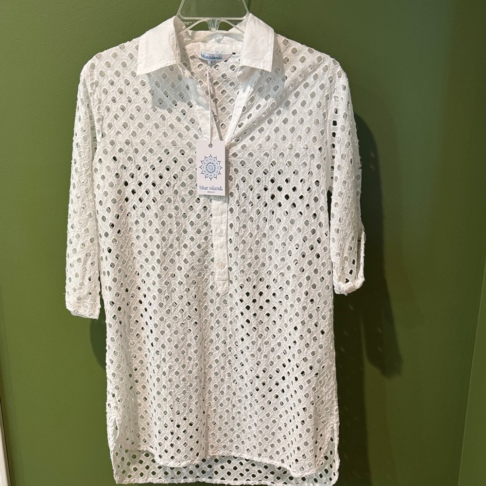 Blue Island White Crochet Coverup, NWT